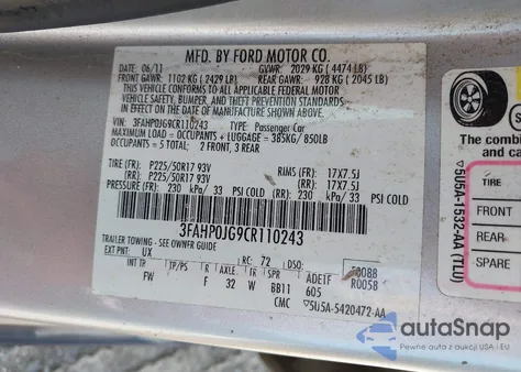 2012 Ford Fusion Sel z USA, uszkodzony, nr VIN 3FAHP0JG9CR110243